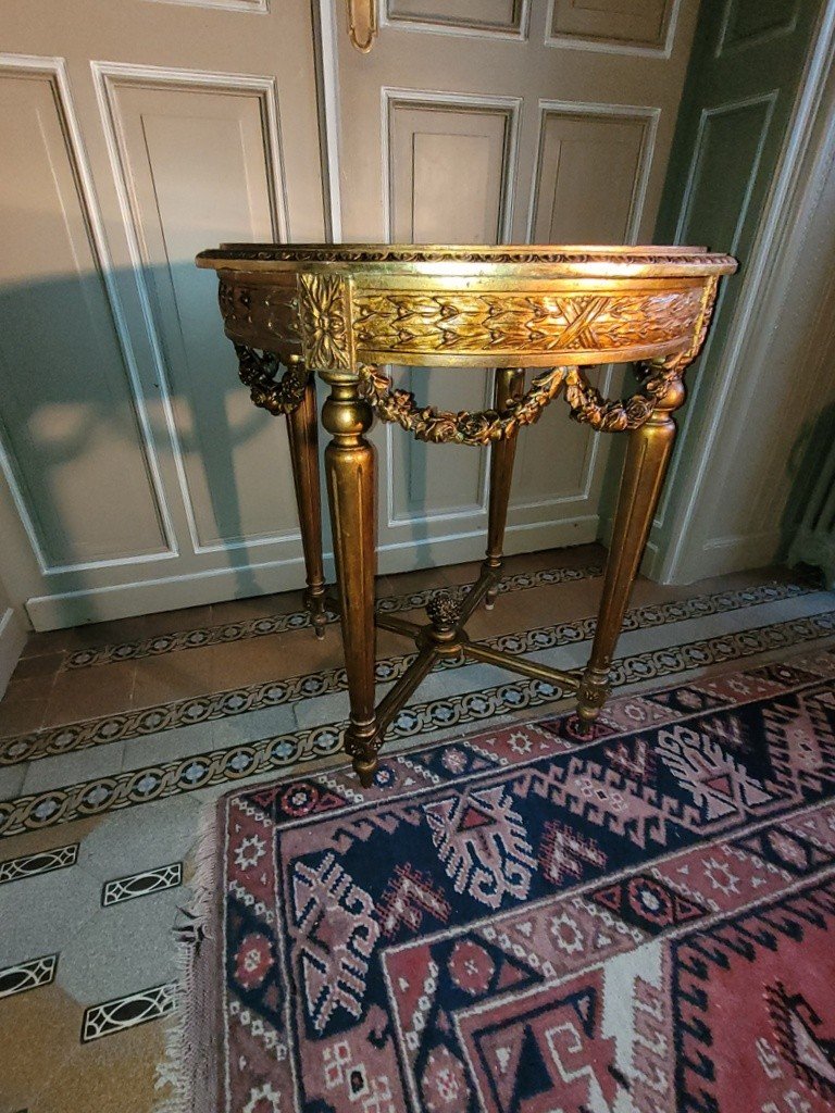 Louis XVI Pedestal Table In Gilded Carved Wood - Turquin De Caunes Marble - 19th Century-photo-4