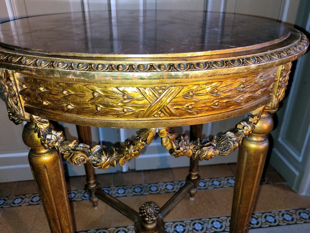 Louis XVI Pedestal Table In Gilded Carved Wood - Turquin De Caunes Marble - 19th Century-photo-2