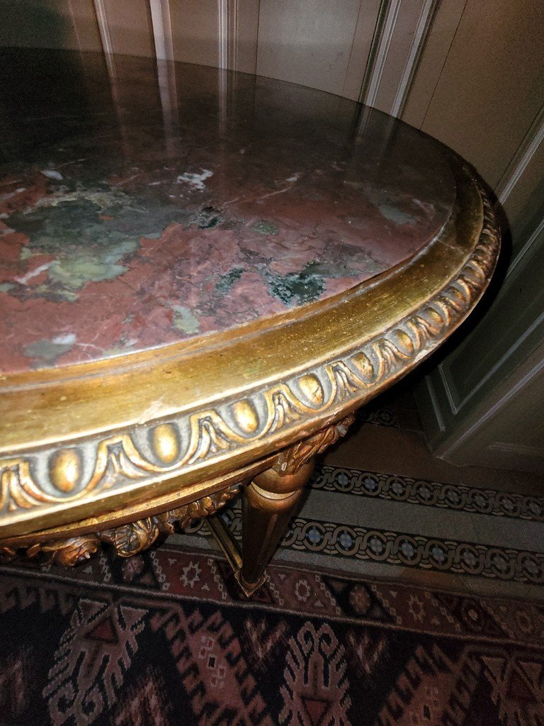 Louis XVI Pedestal Table In Gilded Carved Wood - Turquin De Caunes Marble - 19th Century-photo-8