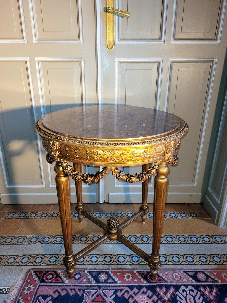 Louis XVI Pedestal Table In Gilded Carved Wood - Turquin De Caunes Marble - 19th Century-photo-1