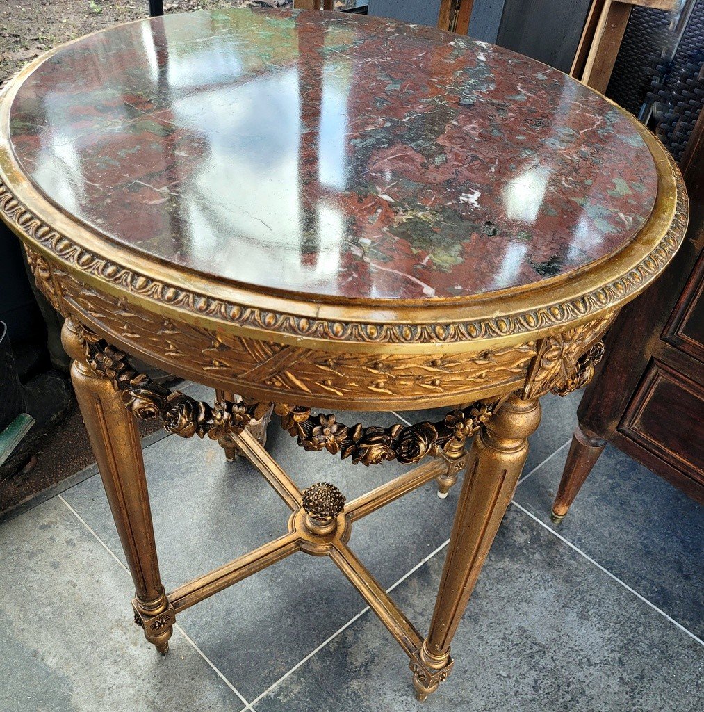 Louis XVI Pedestal Table In Gilded Carved Wood - Turquin De Caunes Marble - 19th Century