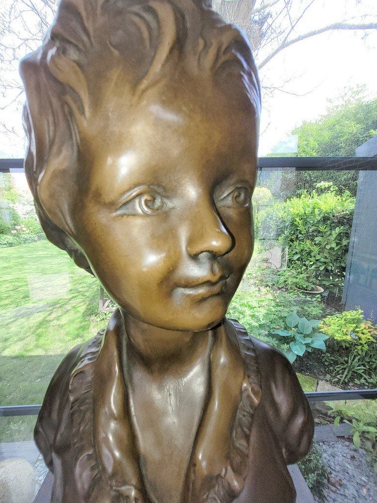 Houdon "child Bust" Large Bronze Sculpture - 19th Century-photo-2