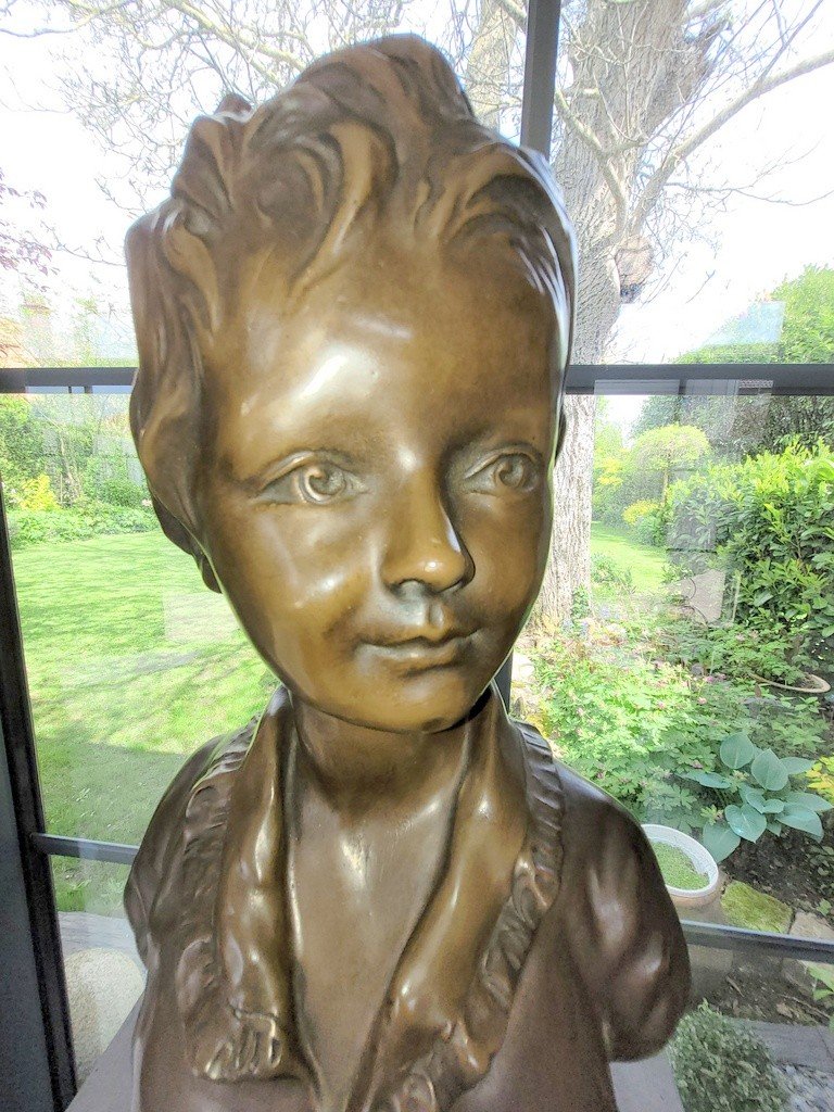 Houdon "child Bust" Large Bronze Sculpture - 19th Century-photo-1