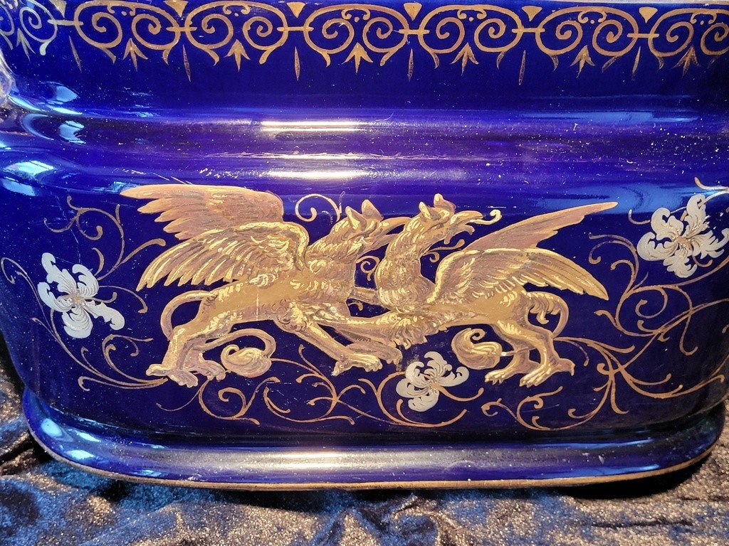 Large Enamelled Blue Earthenware Planter Decorated With Griffins-photo-2