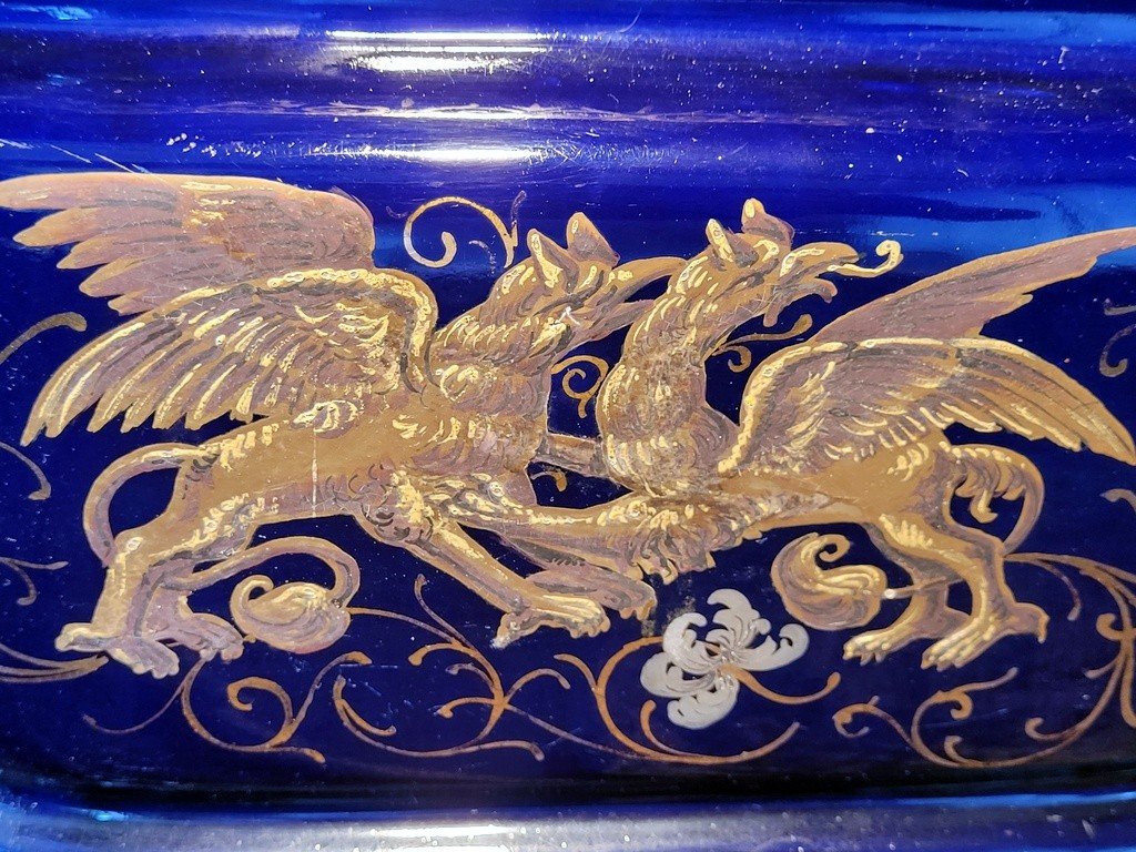 Large Enamelled Blue Earthenware Planter Decorated With Griffins-photo-3