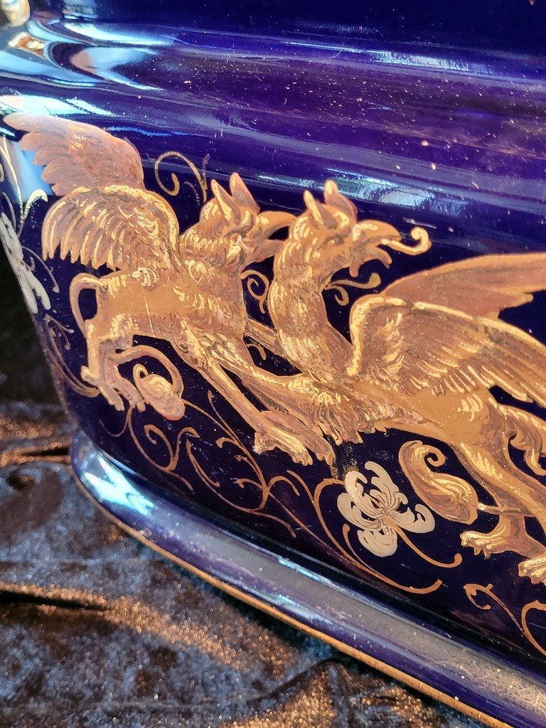 Large Enamelled Blue Earthenware Planter Decorated With Griffins-photo-2