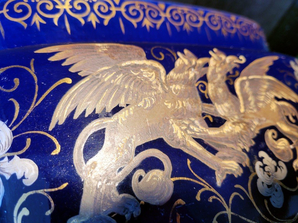 Large Enamelled Blue Earthenware Planter Decorated With Griffins-photo-3