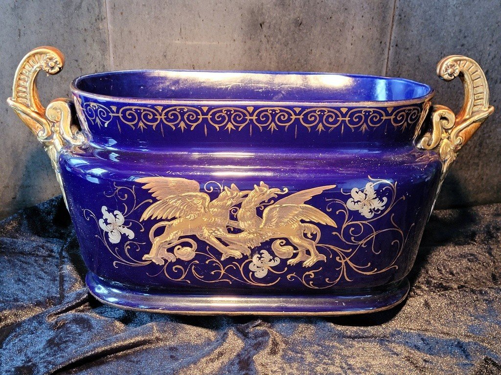 Large Enamelled Blue Earthenware Planter Decorated With Griffins