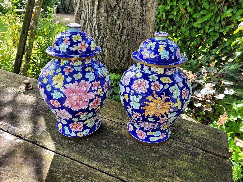 Large Pair Of Cloisonne Enamel Vases - China 20th Century-photo-2