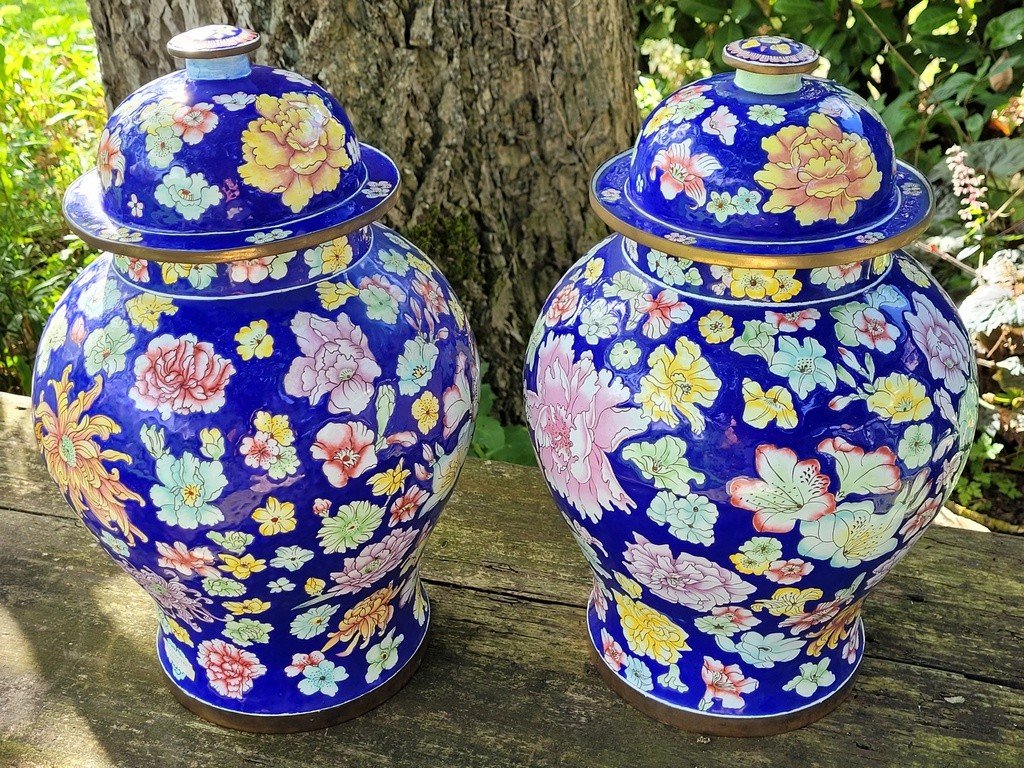 Large Pair Of Cloisonne Enamel Vases - China 20th Century
