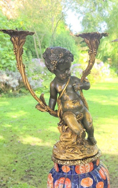 Paire de Torch&egrave;res en Porcelaine Imari et Bronze sign&eacute;e Clodion  - XIXe Si&egrave;cle -photo-4