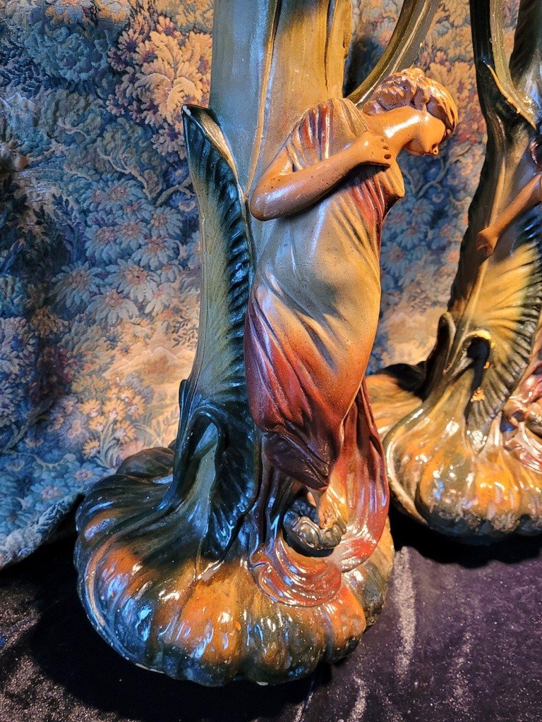 Grande Paire de Sculptures en Terre Cuite polychrome d&#039;&eacute;poque Art Nouveau - 51 cm-photo-4