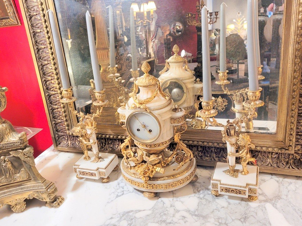 Garniture de Cheminée Louis XVI en Marbre de Carrare et Bronze - XIXe Siècle-photo-2