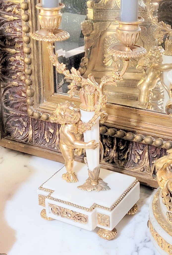 Garniture de Cheminée Louis XVI en Marbre de Carrare et Bronze - XIXe Siècle-photo-2