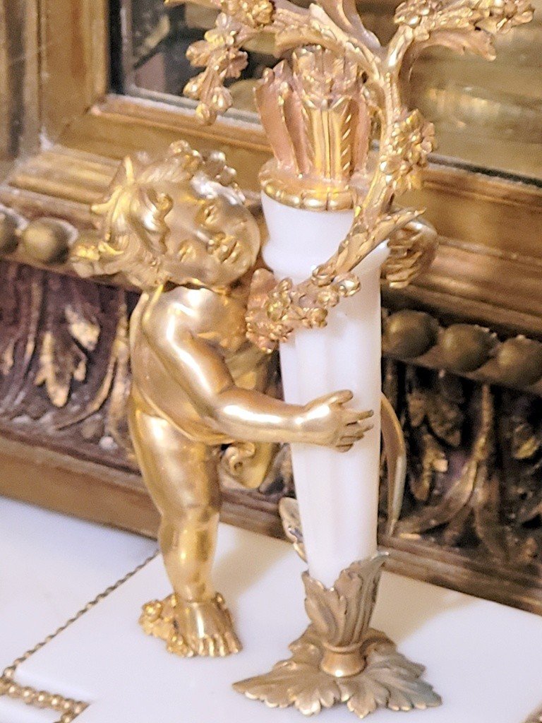Garniture de Cheminée Louis XVI en Marbre de Carrare et Bronze - XIXe Siècle-photo-3