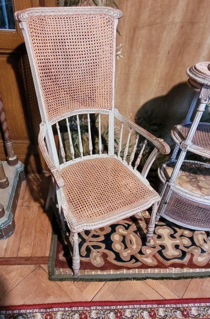 Set "pedestal Table And Armchair" Patinated Wood And Cannage - Louis XVI - 19th Century-photo-4