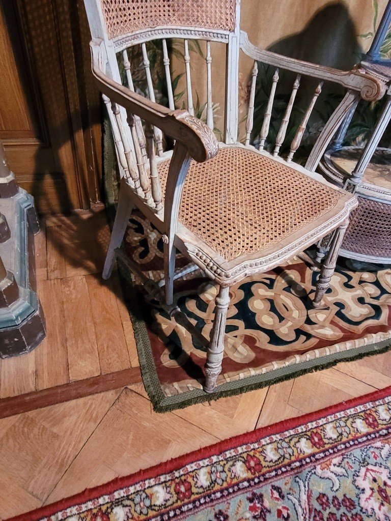 Set "pedestal Table And Armchair" Patinated Wood And Cannage - Louis XVI - 19th Century-photo-1