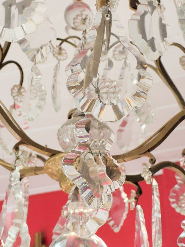6-flame Cage Chandelier With Crystal Tassels - 19th Century-photo-2