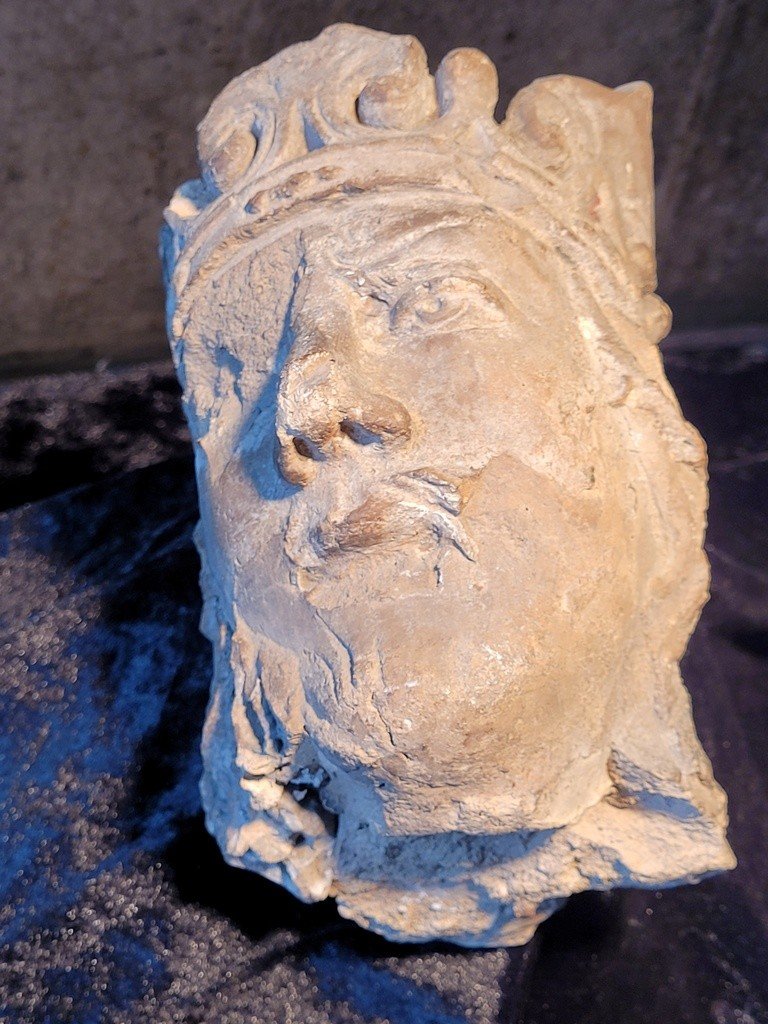  Crowned Bearded King's Head In Sculpted Stone - 15th-16th Century -photo-5