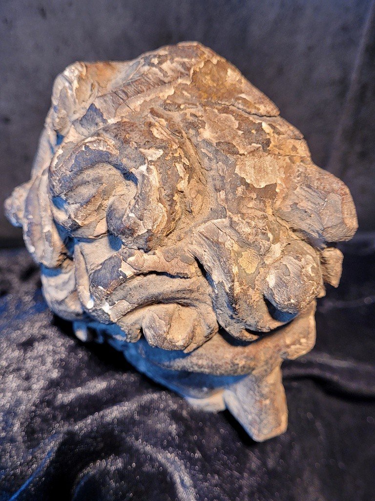 Fragment de Visage en bois sculpt&eacute; - XVIIe - XVIIIe Si&egrave;cle -photo-2