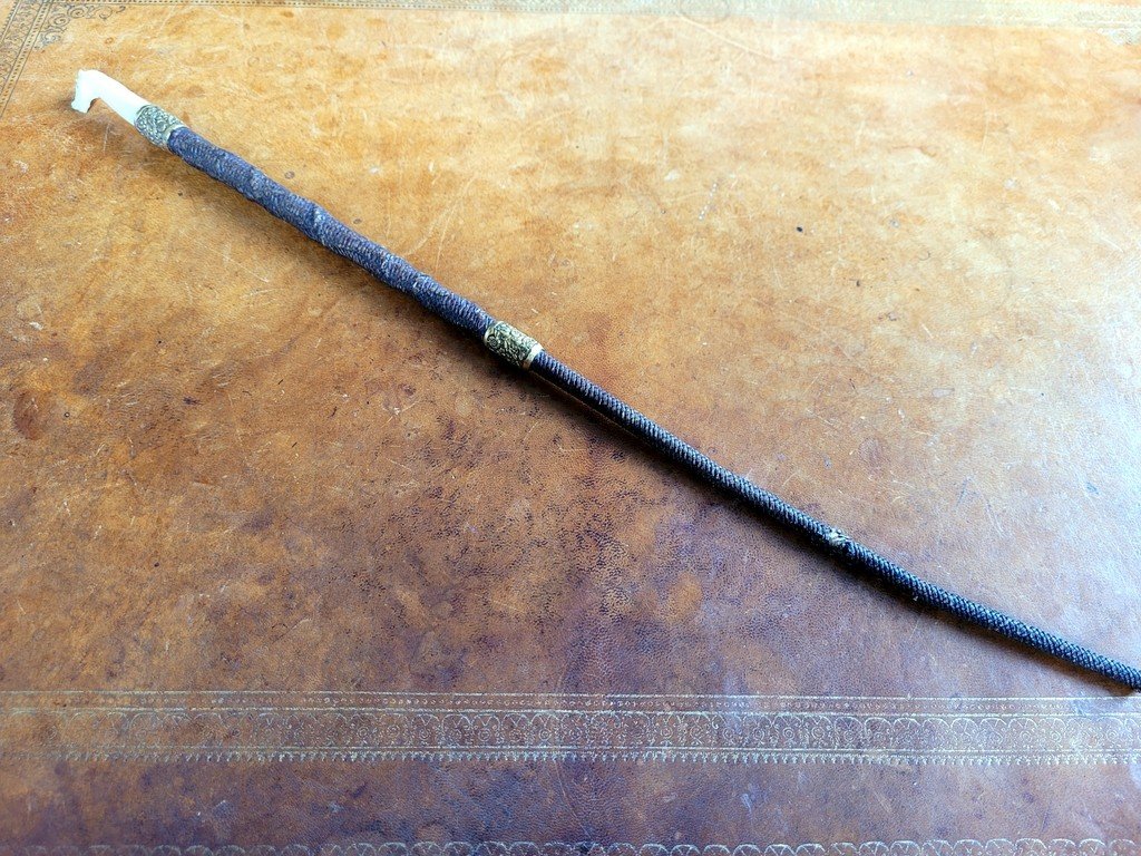  Cravache en Crin tressé avec Prise  sculptée " Tête de Cheval " - XIXe Siècle -photo-2