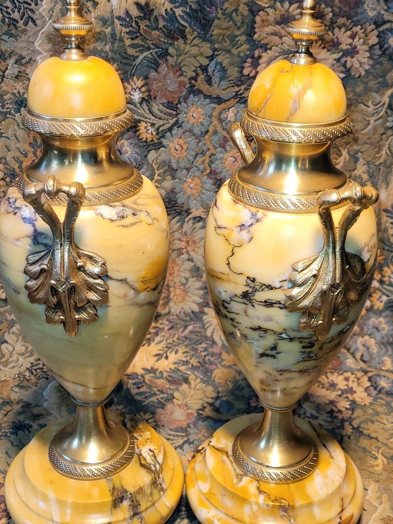 Paire de Cassolettes  en Marbre Jaune de Sienne et Bronze - XIXe Si&egrave;cle .-photo-3