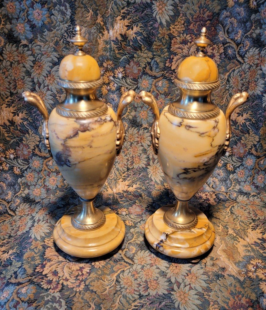 Pair Of Urn-shaped Cassolettes In Bronze And Siena Marble - 19th Century  