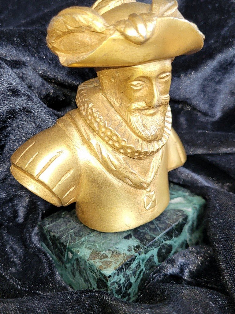  "henry Iv" Bronze Bust On Sea Green Marble Base-photo-3
