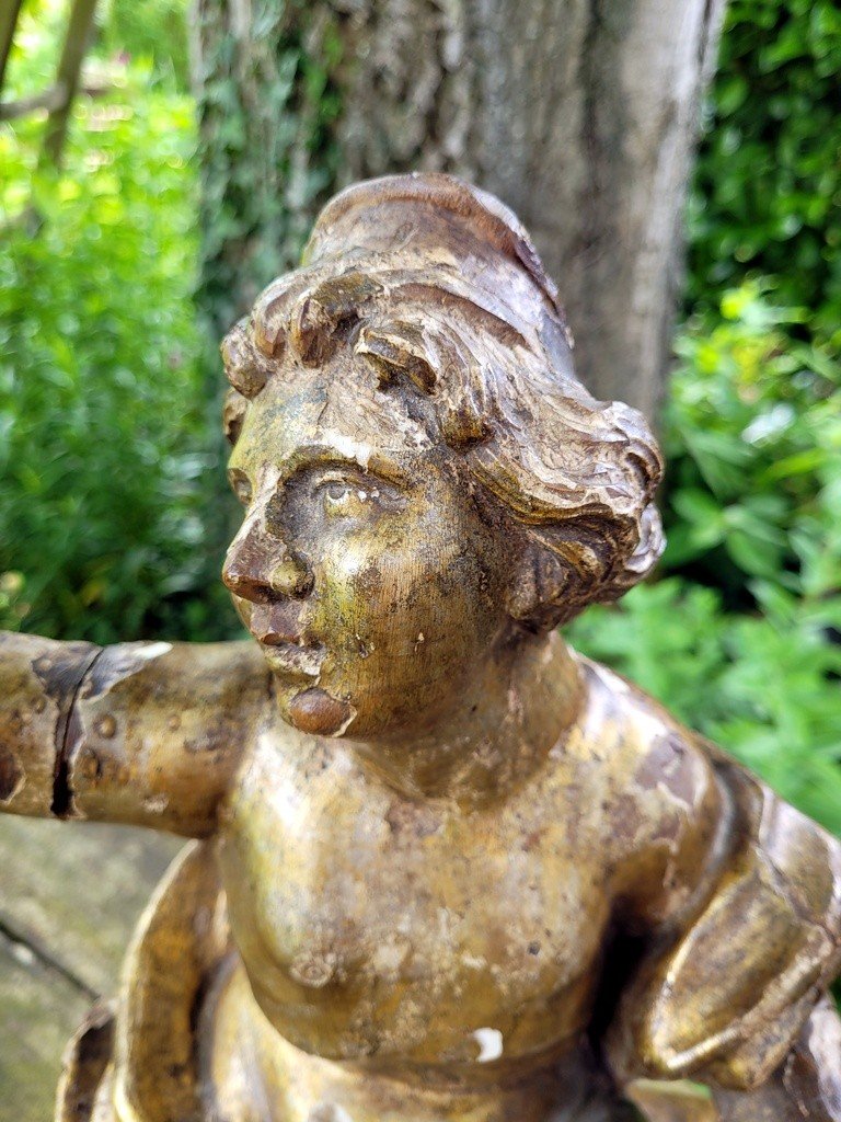   Grande Sculpture &quot; Putto &quot; en bois dor&eacute; sur socle - Travail Italien du XVIIIe Si&egrave;cle-photo-3