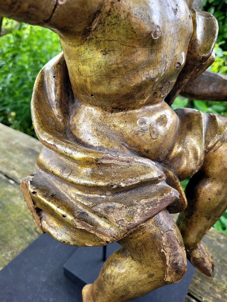   Grande Sculpture &quot; Putto &quot; en bois dor&eacute; sur socle - Travail Italien du XVIIIe Si&egrave;cle-photo-4