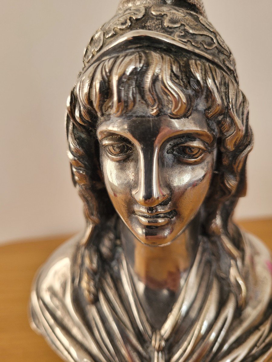 Sculpture Buste de &quot; Marianne &quot; sur pied en Bronze Argent&eacute;  datant de la fin du XIXe Si&egrave;cle -photo-5