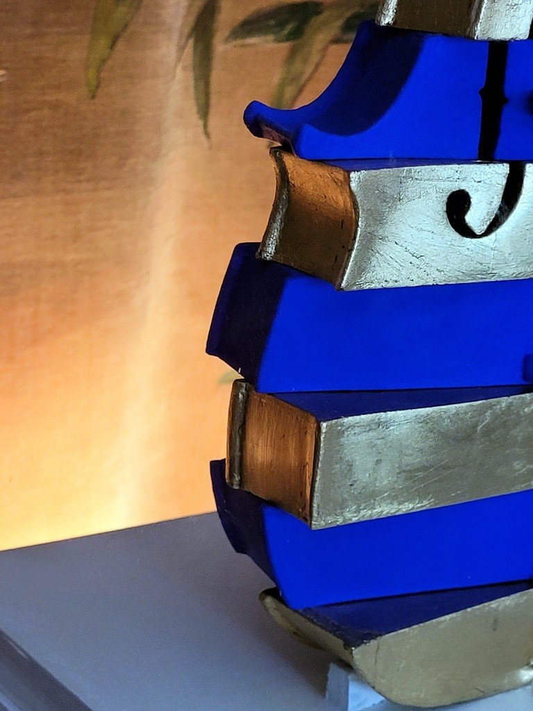 Violin Sculpture “unstructured” And Painted In Gold And Blue In The Taste Of Arman Fernandez -photo-2