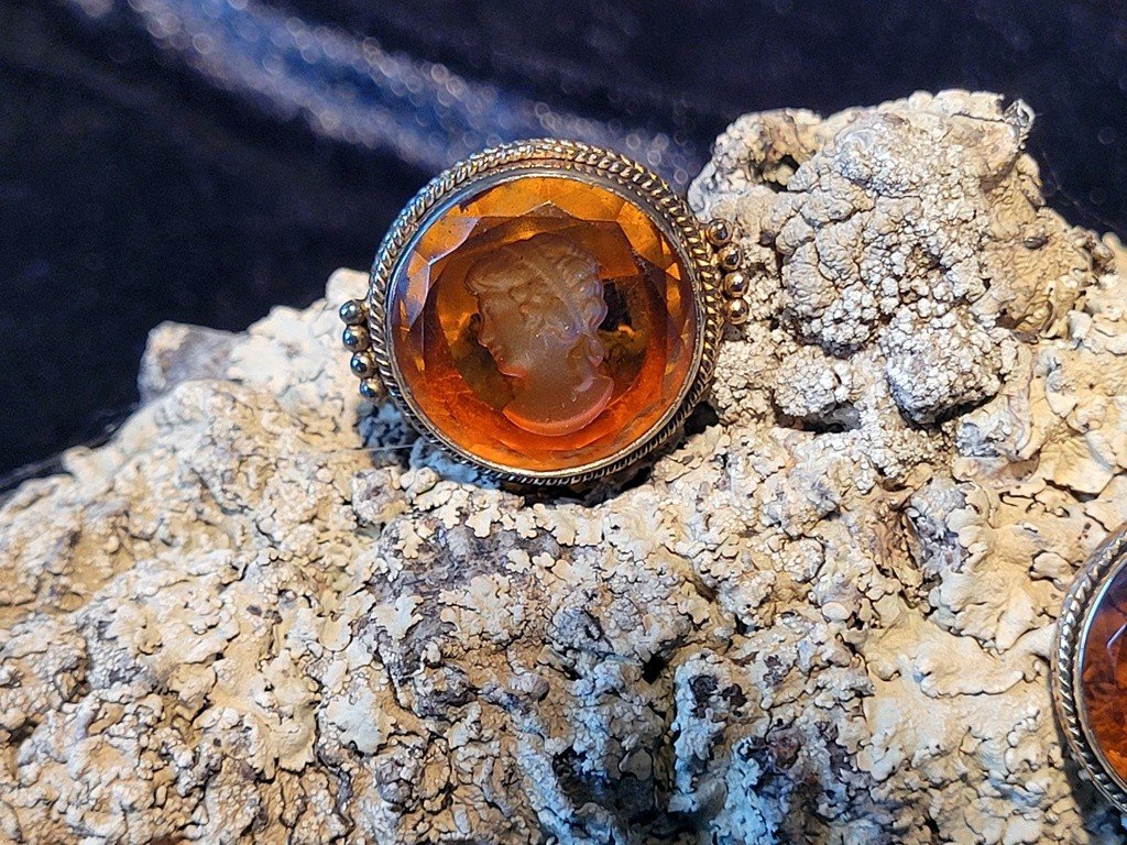 Ring + Bracelet Set With Silver Vermeillé Frame And Amber Glass Intaglio Decoration  -photo-1
