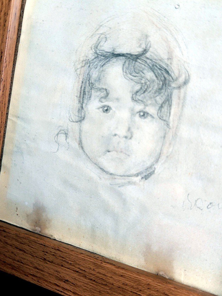  Esquisse &quot; Portrait de B&eacute;b&eacute; &quot; &agrave; la Mine de Plomb sign&eacute; - XIXe Si&egrave;cle-photo-2