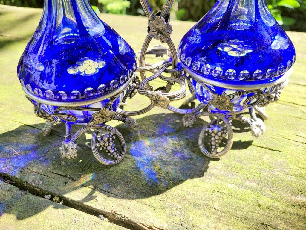 Serviteur Huilier- Vinaigrier en Cristal Overlay Bleu - XIXe Si&egrave;cle -photo-2