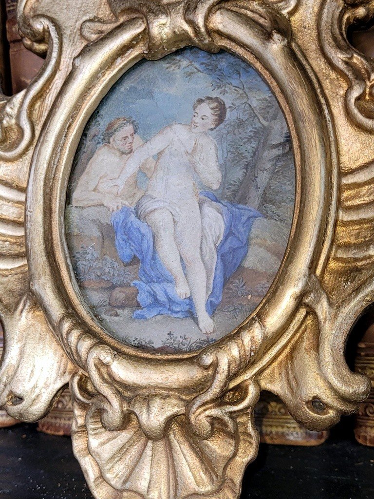 18th Century Painted Miniature From The Louis XV Period In A Carved Gilded Wooden Frame.-photo-2