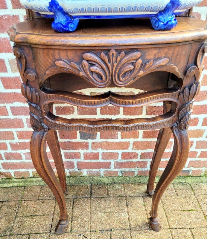  19th Century Gien Earthenware Fountain On Its Carved Wooden Support.-photo-2