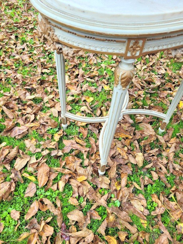 Table de Salon ovale Louis XVI en bois sculpt&eacute; laqu&eacute; et dor&eacute; - Marbre en plateau - XIXe Si&egrave;cle-photo-2