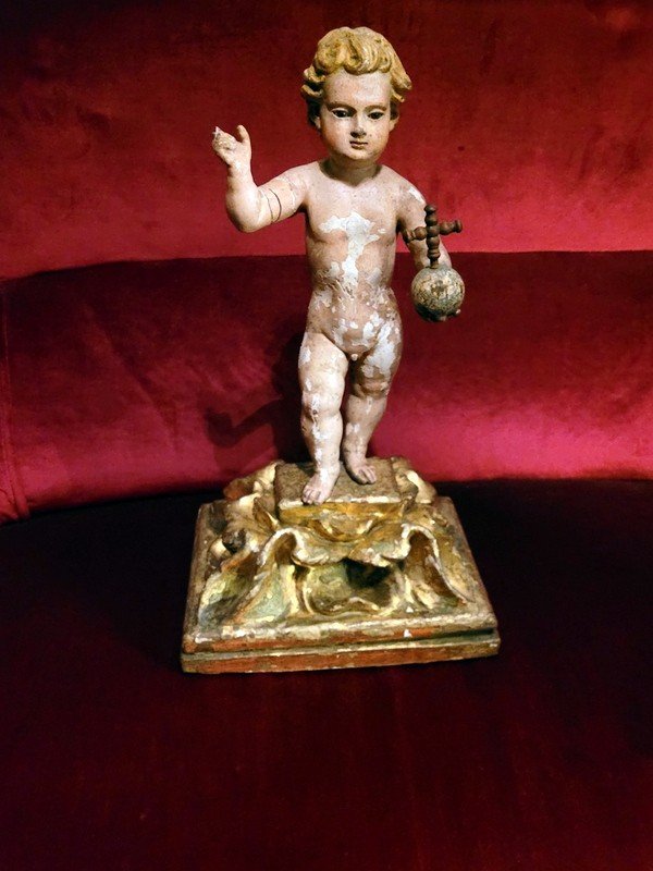  "jesus Child" Holding The Cruciferous Orb - Polychrome Wooden Sculpture - 18th Century-photo-4