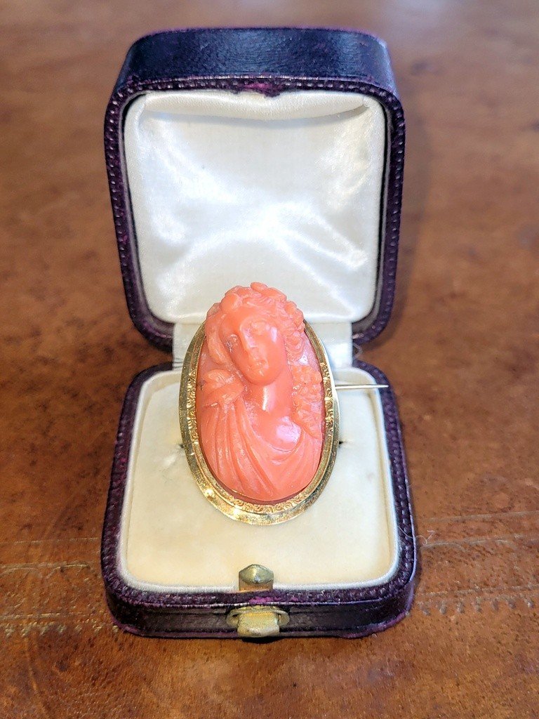  Cam&eacute;e en Corail Rouge mont&eacute; sur une Broche en OR Jaune - Poin&ccedil;on T&ecirc;te de Cheval (1830) -photo-2
