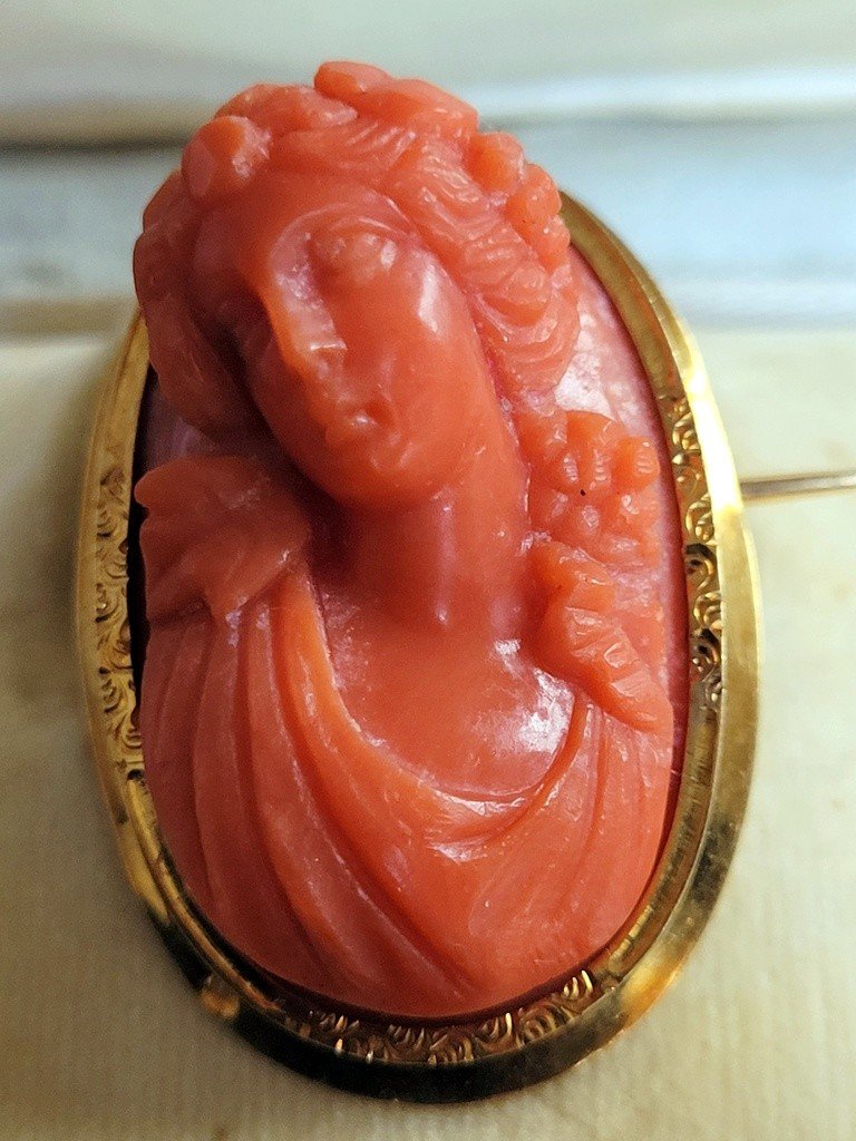  Cam&eacute;e en Corail Rouge mont&eacute; sur une Broche en OR Jaune - Poin&ccedil;on T&ecirc;te de Cheval (1830) -photo-4