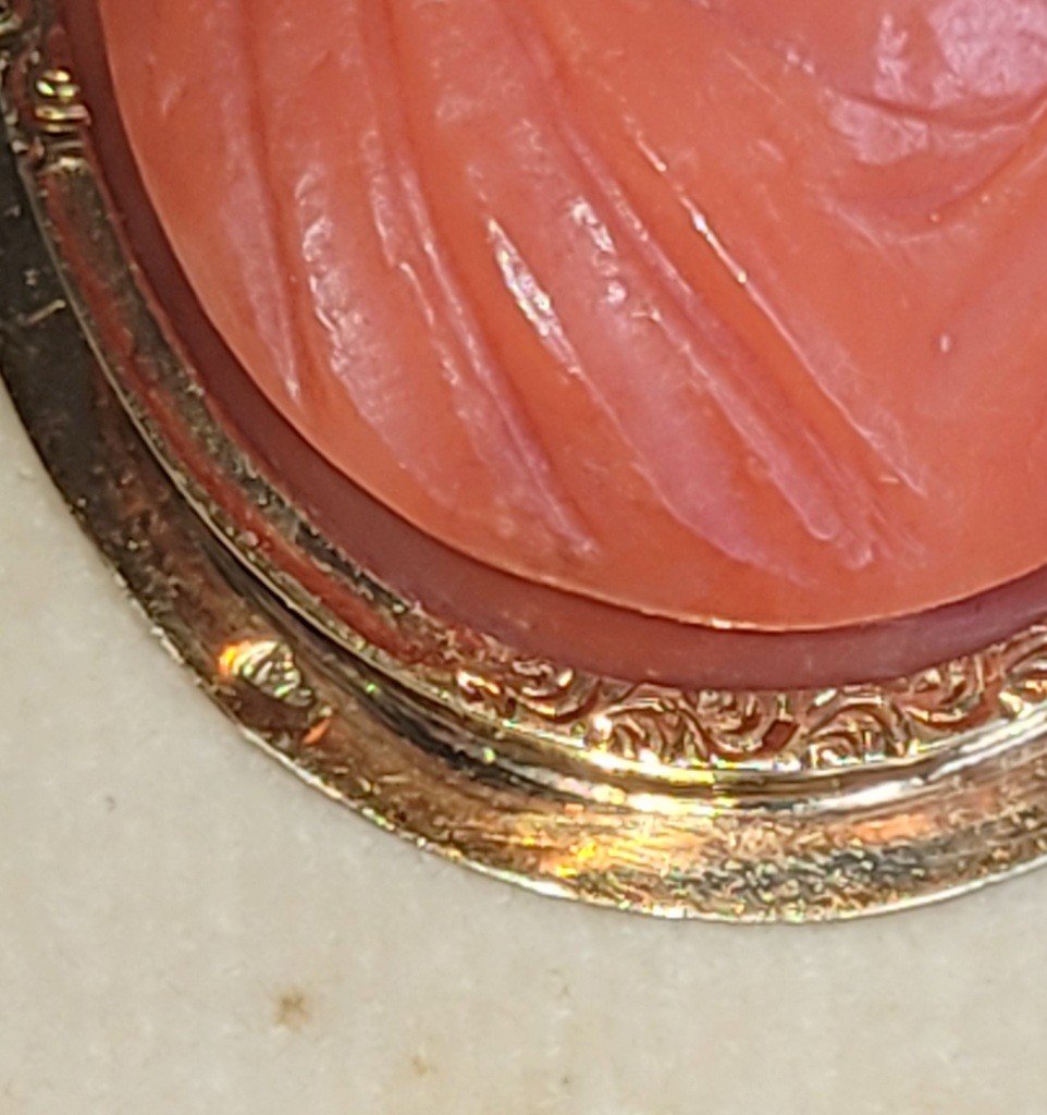  Cam&eacute;e en Corail Rouge mont&eacute; sur une Broche en OR Jaune - Poin&ccedil;on T&ecirc;te de Cheval (1830) -photo-1