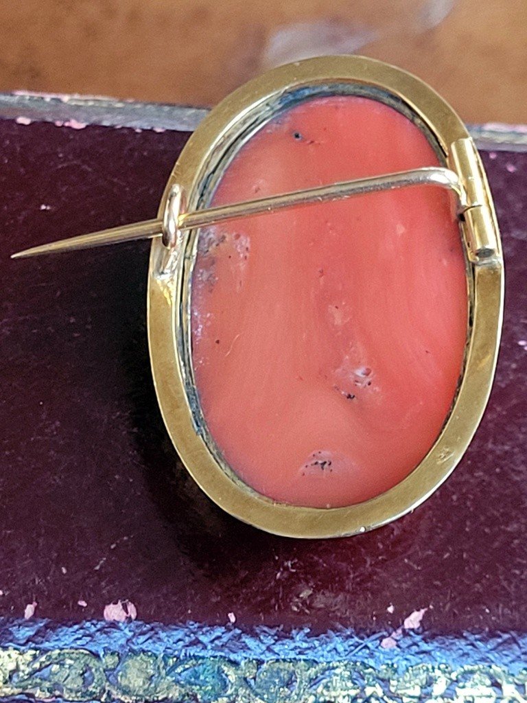  Cam&eacute;e en Corail Rouge mont&eacute; sur une Broche en OR Jaune - Poin&ccedil;on T&ecirc;te de Cheval (1830) -photo-4