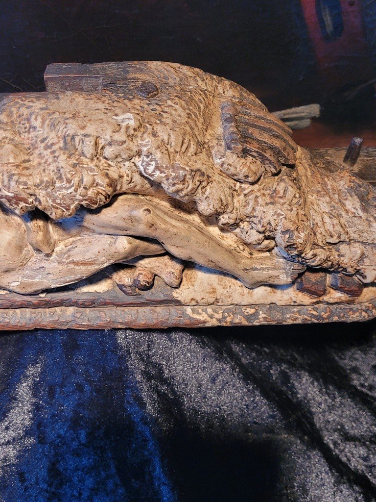 Sculpture &quot; J&eacute;sus gisant &quot; Base en Ch&ecirc;ne polychrome - XVIe Si&egrave;cle-photo-6