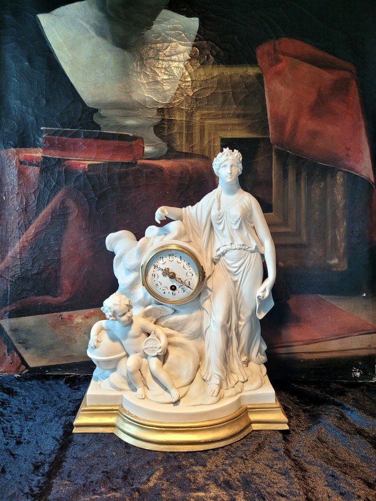  "allegory Of The Night Group" Clock In Sèvres Biscuit Porcelain Signed - 19th Century