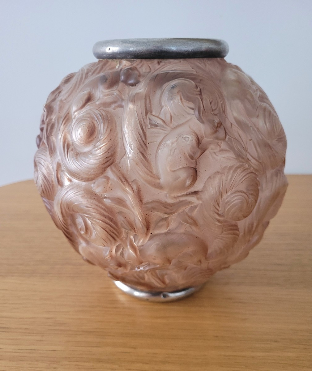 Georges Dumoulin - Glass And Silver Squirrel Vase - Art Deco 