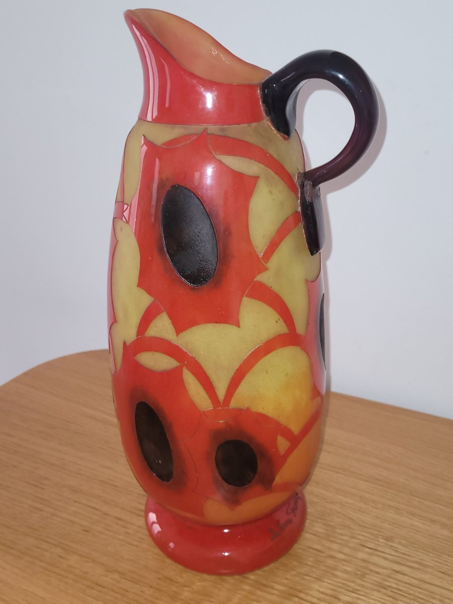 Grand Pichet En Pâte De Verre Signé " Le Verre Français "-photo-3