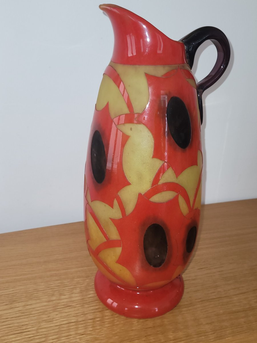 Grand Pichet En Pâte De Verre Signé " Le Verre Français "-photo-4
