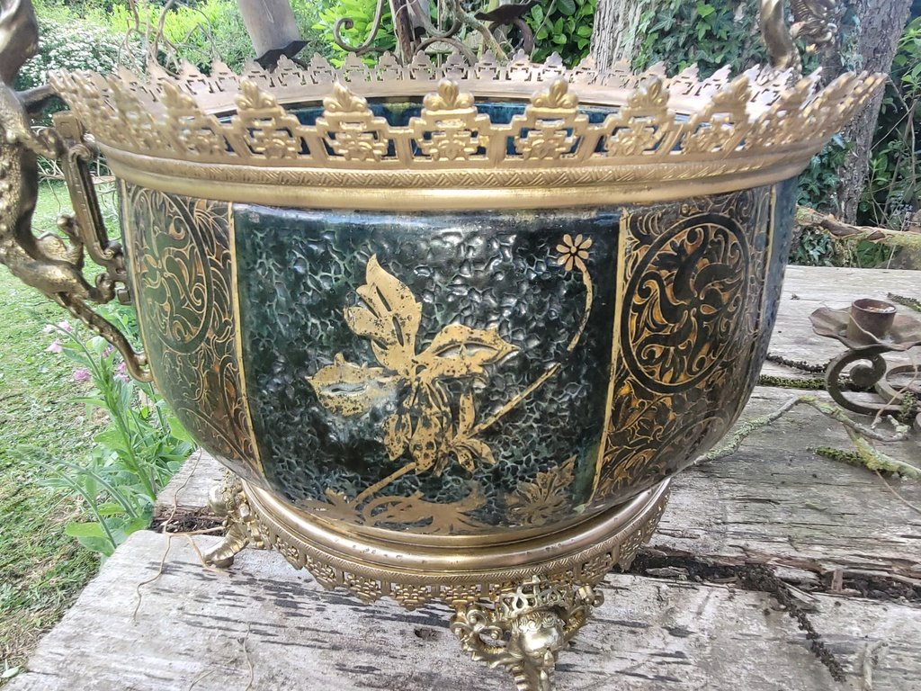  Fernand THESMAR &quot; Grande Jardini&egrave;re &quot; en C&eacute;ramique &eacute;maill&eacute;e &agrave; Monture en Bronze - XIXe Si&egrave;cle-photo-4