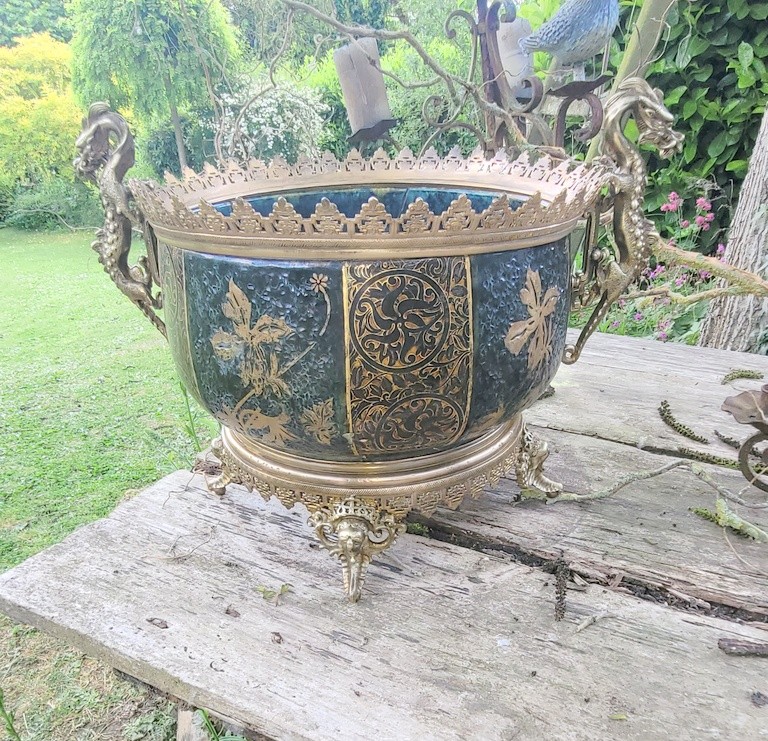  Fernand THESMAR &quot; Grande Jardini&egrave;re &quot; en C&eacute;ramique &eacute;maill&eacute;e &agrave; Monture en Bronze - XIXe Si&egrave;cle